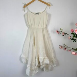 VTG! d.b.a-l.a USA White 100% Cotton Tie Straps Hankerchief Ruffle Hem Dress 13‎